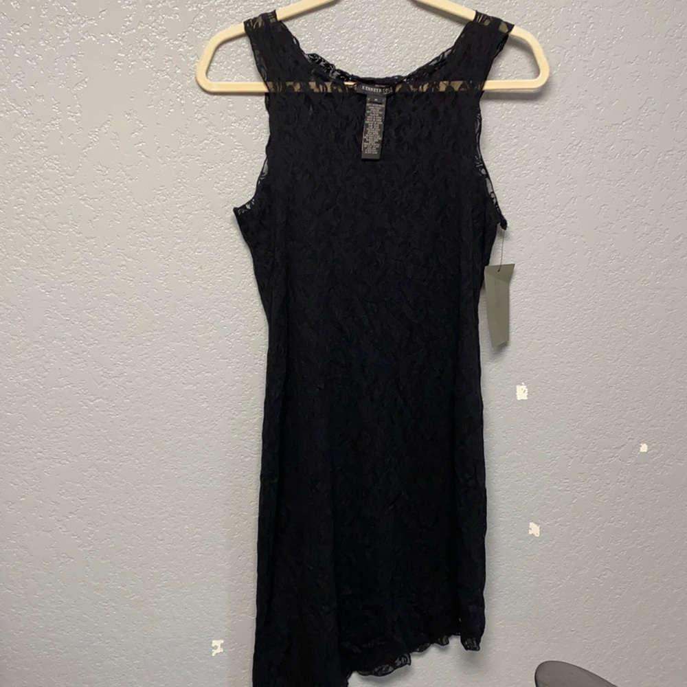 Kenneth Cole Womens M Elegant Black Sleeveless Asymmetrical Lacy Dress Lined NWT